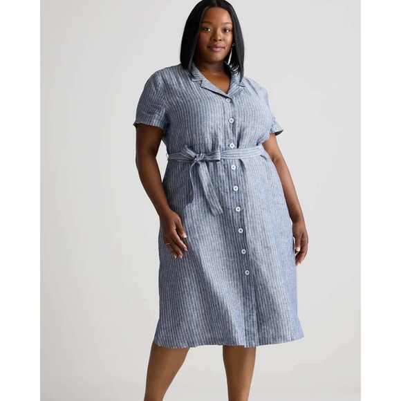 Quince Dresses & Skirts - QUINCE 100% European Linen Button Front Dress Size 1X Chambray Blue White Stripe